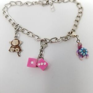 Vintage Y2K Girly Charm Bracelet, Monkey, Dice, Turtle, Silver Tone, Estate